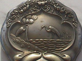 Antique Art Nouveau Mirror Birds Kingfisher Crane Pond Scene Marked 