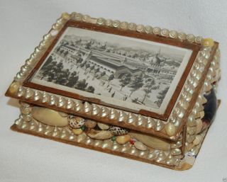 Antique Victorian Shell Folk Art Trinket Box Sailor Seashell Valentine Love photo