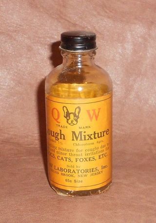 1936 Vintage Veterinary Medicine Bottle Q W Cough Syrup For Dog Cats & Foxes photo