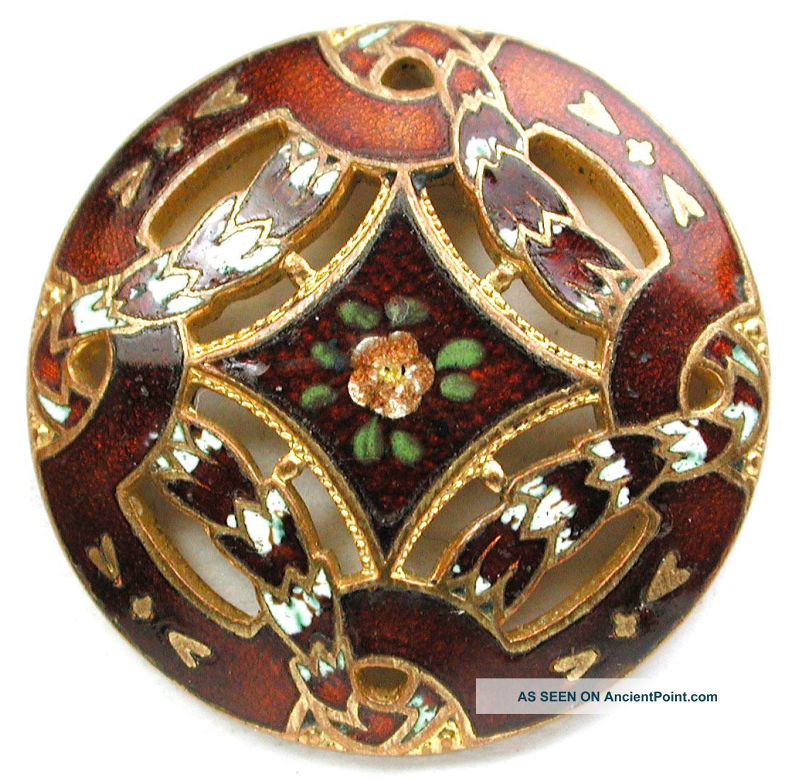 Antique French Enamel Button Pierced Garland Design W/ Painted Accents 1 & 1/16 