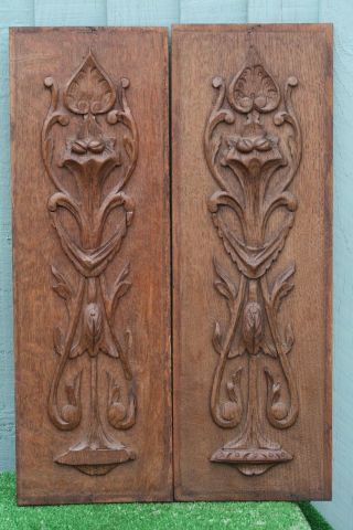 Pair: Antique Wooden Oak Panels With Leaves,  Fruits & Other Carvings photo