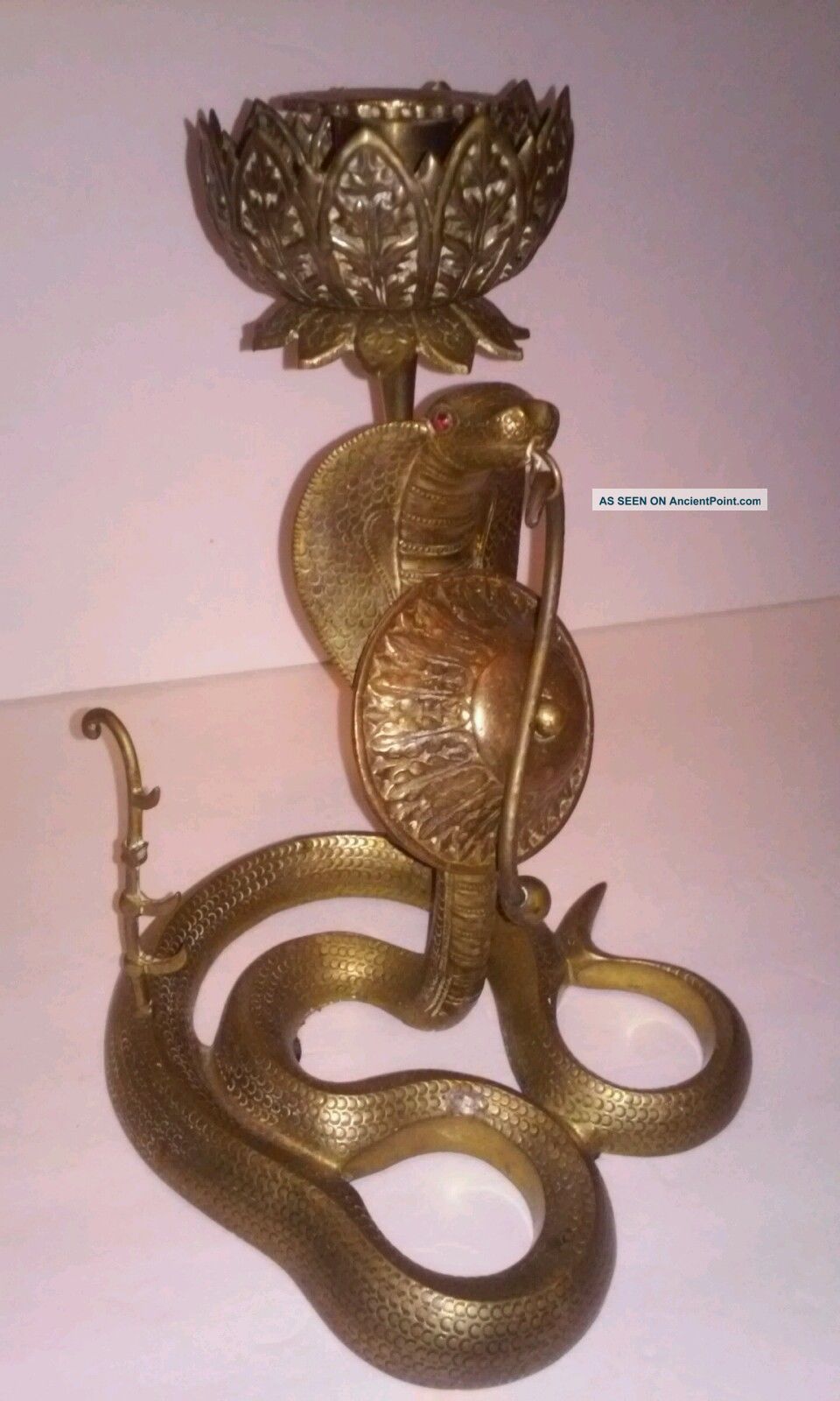 Rare Antique Brass Cobra Candlestick Holder Meditation Gong Bell Buddhist Zen Other Asian Antiques photo