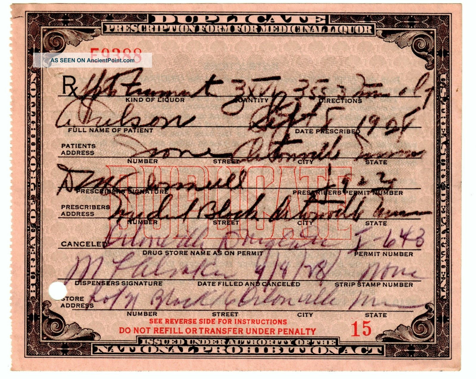 Prohibition Whiskey Nelson Prescription Old 1928 Doctor Bar Minnesota Pharmacy Other Medical Antiques photo