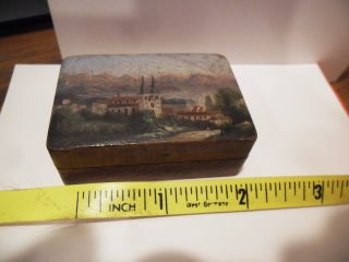 Vintage Miniature Walnut Box Hand Painted Scene Hinged Lid Exquisitely Made Old photo