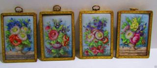 Four Signed Antique Ormolu Hand Painted French Porcelain Miniature Wall Pictures photo