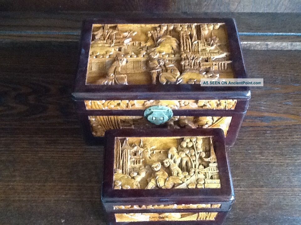 Oriental Carved Wooden Boxes Decoration In Other Asian Antiques photo