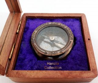 Vintage Henry Hughes London Antique Brass Compass With Mirror Top Wooden Box photo