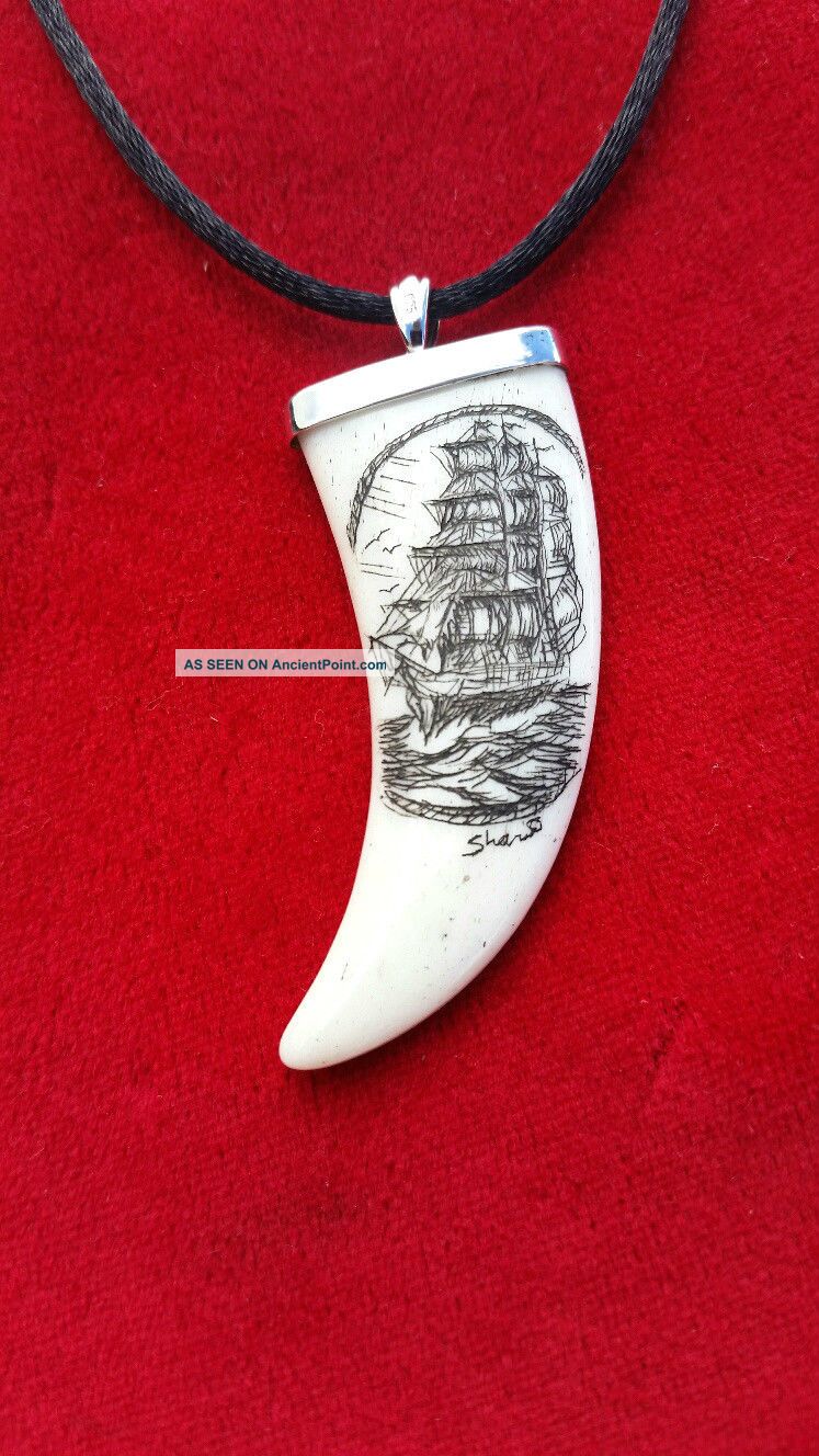 Nautical Scrimshaw,  Crafted Bone,  Sterling Silver Pendant/necklace Scrimshaws photo