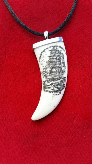 Nautical Scrimshaw,  Crafted Bone,  Sterling Silver Pendant/necklace photo