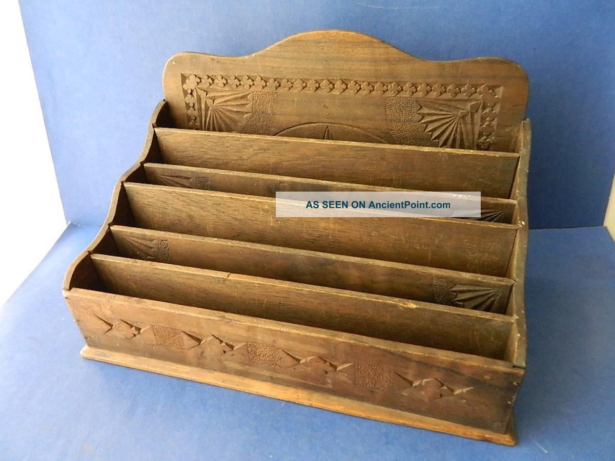 Very Early Australian Hand Carved Wooden Chip Carved Desk Tidy Letter Paper Rack Other Antique Furniture photo