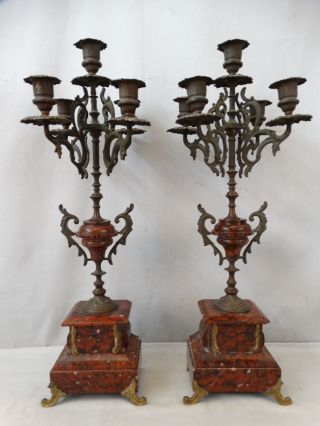Pair (2) 19thc Antique Victorian Garniture Marble Bronze Candlestick Candelabra photo