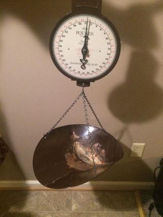 Vintage American Family Hanging Scale With Bucket - 60 Lbs Brown photo