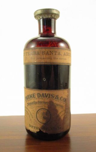 Antique Parke Davis Yerba Santa Fluid Bottle,  Amber Glass,  Full W/ Lead Seal photo
