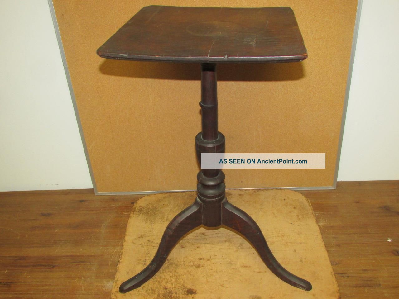 Best 18th C Ct Qa Candlestand Screaming Tiger Maple Spanish Brown Paint Primitives photo