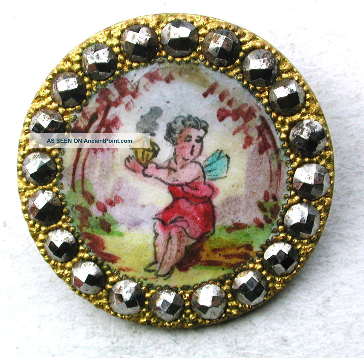 Antique Hnd Paint Enamel Button Cut Steel Rim Wing Cherub Holds Incense Burner Buttons photo