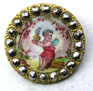 Antique Hnd Paint Enamel Button Cut Steel Rim Wing Cherub Holds Incense Burner photo
