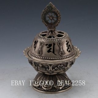 Chinese Silver Copper Handwork Carved Flower Statue Incense Burner photo