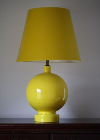 Large Vintage Yellow Glazed Ceramic Orb Table Lamp Mid Century Mod Lotte Style photo