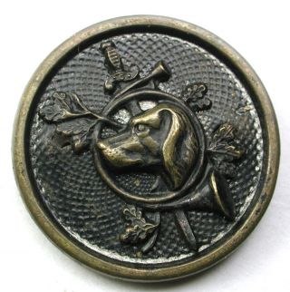Antique Brass Button Dog & Hunting Horn W/ Oak Leaves & Acorn - 7/8 Inch photo