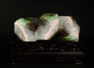 Very Fine Rare Chinese Natural Dushan Jade Carving Landscape Statue photo