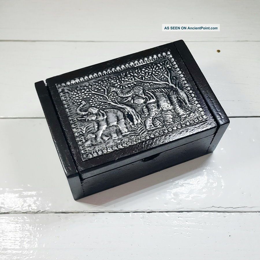 Wooden Metal Box Thai Elephants Handmade Decor Souvenir Jewelry Trinket Vintage Boxes photo