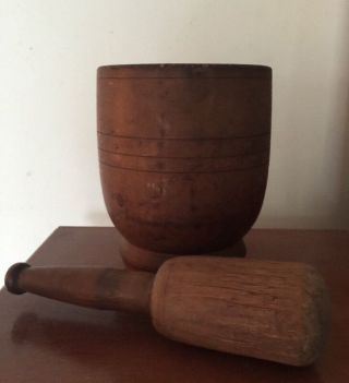 Antique Victorian Large Wooden Primitive Mortar And Pestle Apothecary Early Herb photo