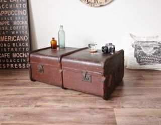 Antique Travel Steamer Trunk Coffee Table Vintage Storage Chest With Tray photo