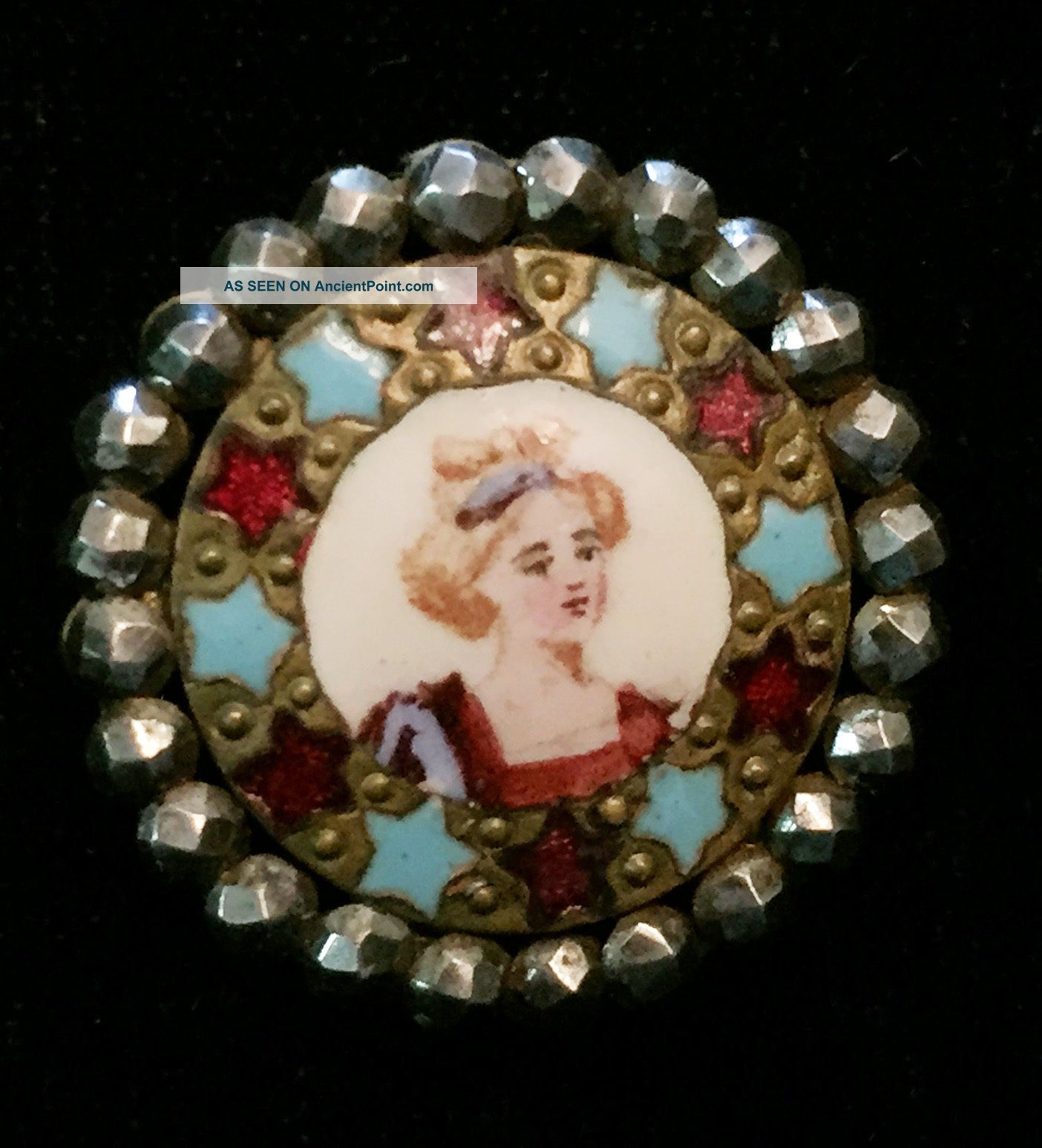 Antique 19th C Enamel Button Female Portrait Head Star & Steel Border Buttons photo