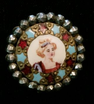 Antique 19th C Enamel Button Female Portrait Head Star & Steel Border photo
