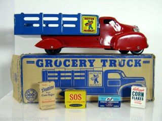 1939 Marx Motor Market Grocery Truck 1st Version W/box - 4 Boxes Of Groceries Nos photo