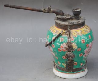 Old Chinese Copper Inlay Porcelain Smoke Hookah Filtered Water Pipe Pot Nrs photo
