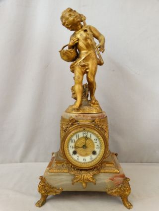 19thc Antique French Art Nouveau Era Onyx Brass Putti Child Statue Mantel Clock photo