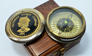Victorian Queen Poem Compass Brass Compass Marine Compass With Wood Box photo