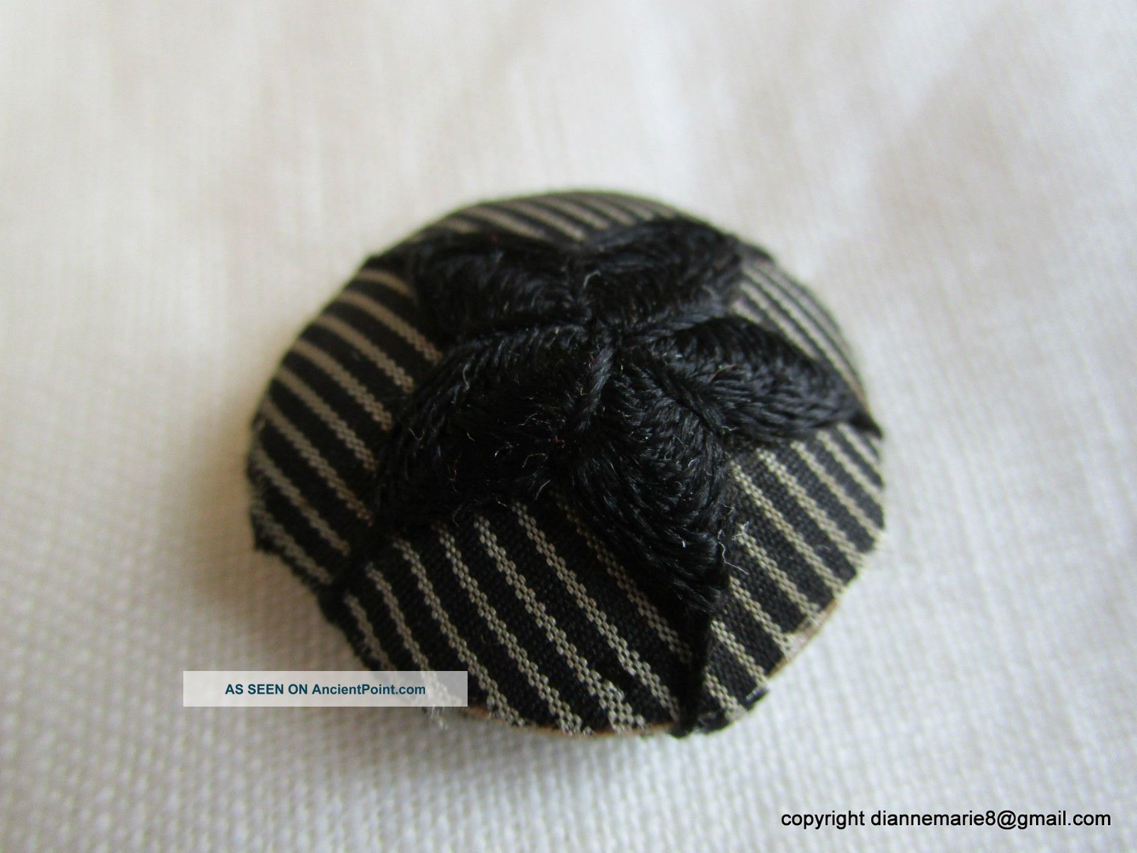 2183 – J – Antique Black - White Striped Silk Button W Embroidered Star,  Needs Tlc Buttons photo