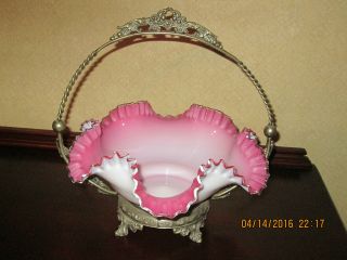 Antique Brides Basket Cranberry/rose Color W/silver Crest Crimp Ruffle Fenton? photo