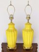 Pair Vintage Mid - Century Modern Yellow Ribbed Pottery Table Lamp Cast Brass Base Mid-Century Modernism photo 9