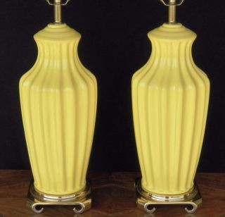Pair Vintage Mid - Century Modern Yellow Ribbed Pottery Table Lamp Cast Brass Base photo