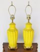Pair Vintage Mid - Century Modern Yellow Ribbed Pottery Table Lamp Cast Brass Base Mid-Century Modernism photo 3