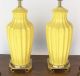 Pair Vintage Mid - Century Modern Yellow Ribbed Pottery Table Lamp Cast Brass Base Mid-Century Modernism photo 4