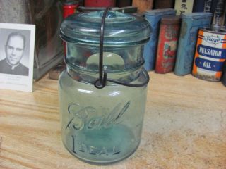 Ball Ideal Wire Bail Aqua Blue Glass Lid Canning Jar Pat ' D July 1908 photo