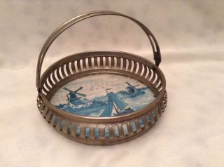 Vintage Germany Metal Blue Dresser Basket Trinket Dish Windmill photo