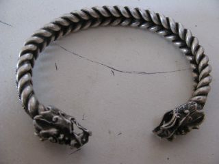 Chinese Silver Torc Bracelet With Dragon Finials.  60 Grams photo