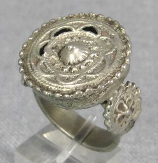 Early Byzantine Greek Large Crown Shield Mens Gents Hammered Silver Ring Jewelry photo