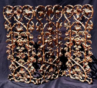 Antique Cast Cold Painted Fireplace Screen Lilies Rose Open Work Gold Red Mellow photo