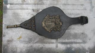 Vintage Fire Place Bellow Stoker Wood Burner Fan Emblem All Metal Brass photo