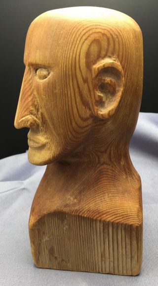 Hand Carved Wood Bust Folk Outsider Art Statue Man Head Sculpture Carving 7.  25 
