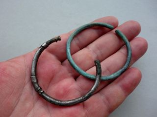 Ancient Two Celtic - Roman Bronze Bracelets,  The One Is Solid Silvered photo