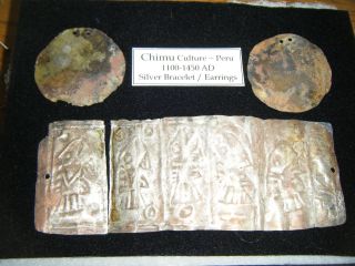 Chimu Culture Peru - Silver Bracelet And Earrings photo