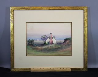 C1900 Antique Amelia M.  Watson Watercolor Painting,  Cape Cod Home & Sailboat photo