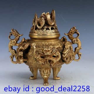 Chinese Brass Hand - Carved Dragon Incense Burner & Lid W Qianlong Mark photo